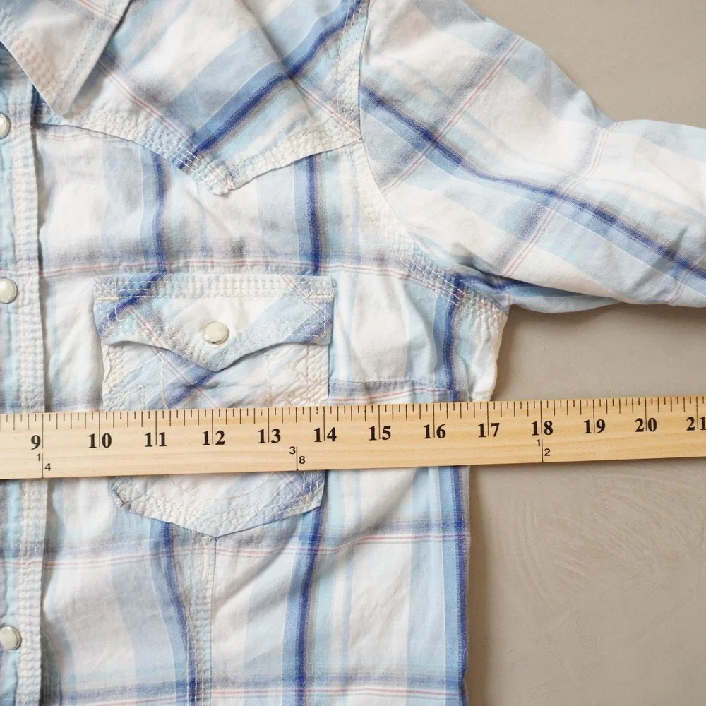True Religion Western Pearl Snap Shirt Medium Mens Blue White Plaid Cowboy Yoke